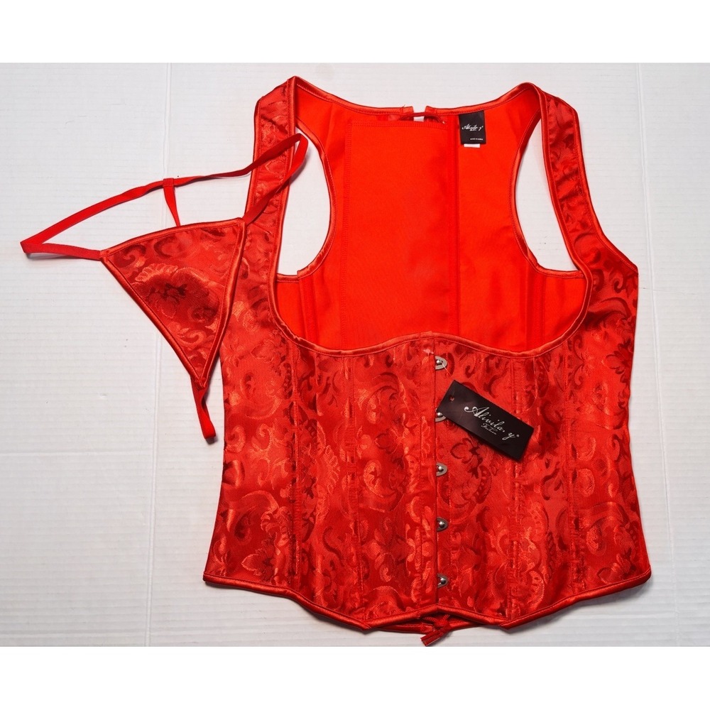 Alinea Y Fashion Red Satin Corset Bustier w/ Attached G String Lingerie Set NWT‎